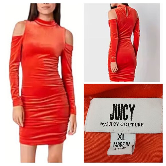 Juicy Couture Dress XL Velour Ruched Bodycon Cold Shoulder High Neck Red Orange - Picture 1 of 10